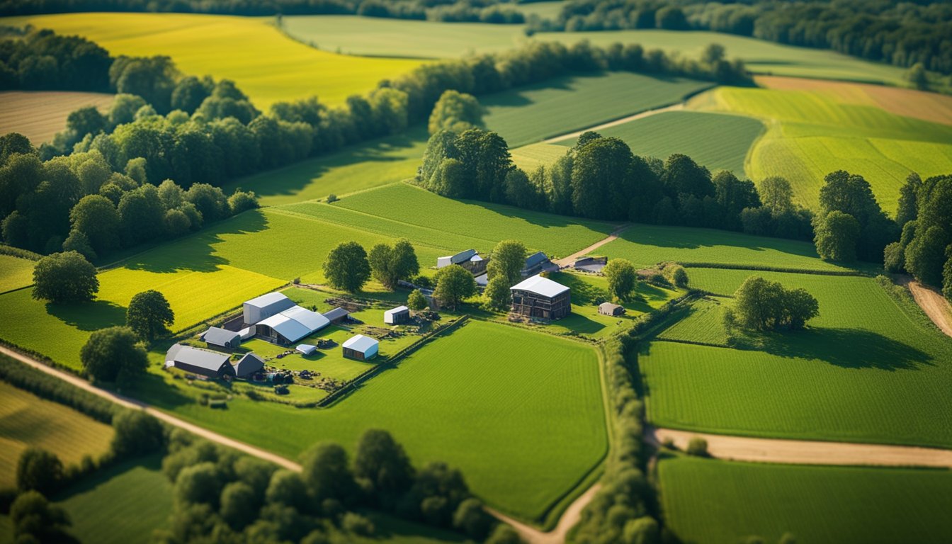 A rural farm with IoT sensors monitoring crops and livestock, while a network of smart devices provides connectivity across the UK countryside