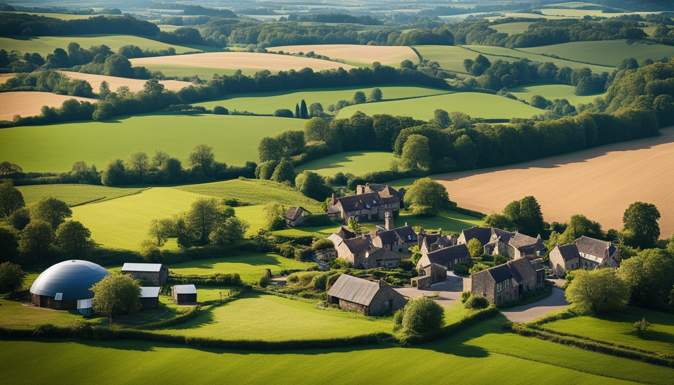 A rural landscape with IoT devices connecting homes, farms, and businesses in the UK