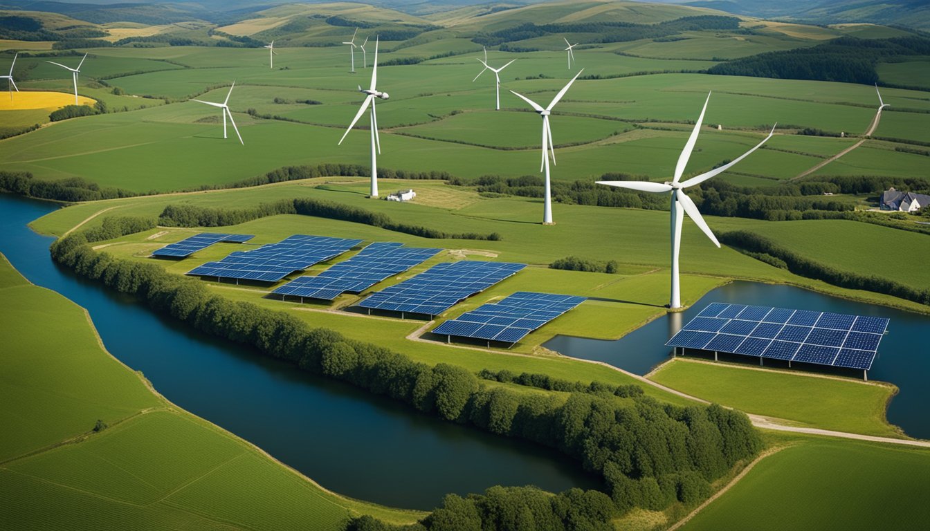 A rural landscape with wind turbines, solar panels, and hydroelectric dam, showcasing various renewable energy technologies in the UK