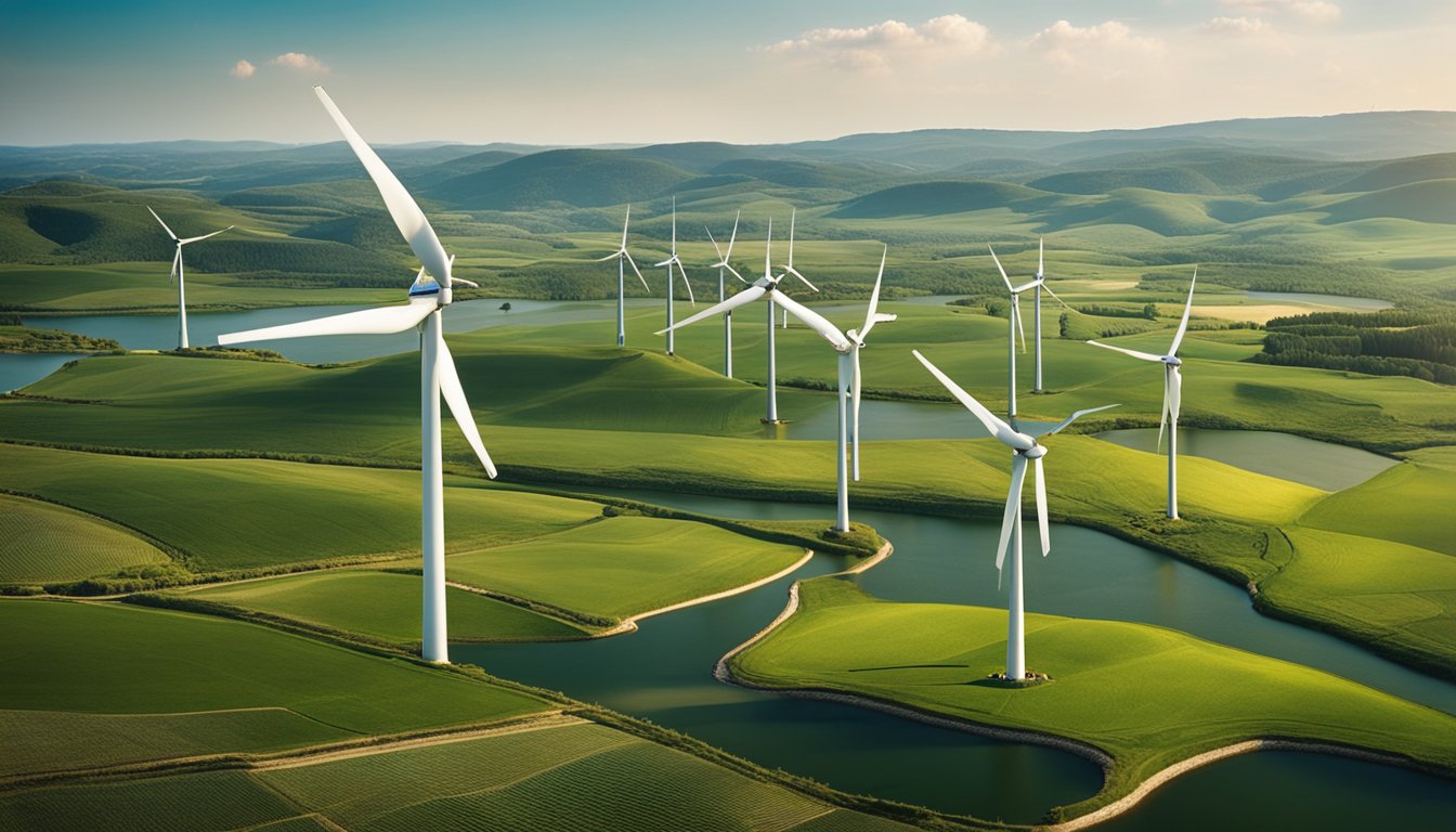 A rural landscape with wind turbines, solar panels, and hydroelectric dams integrated into the environment, surrounded by green fields and rolling hills