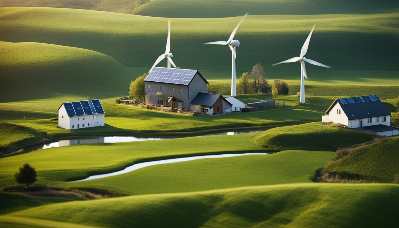 A countryside landscape with a farmhouse, wind turbines, solar panels, and a small stream