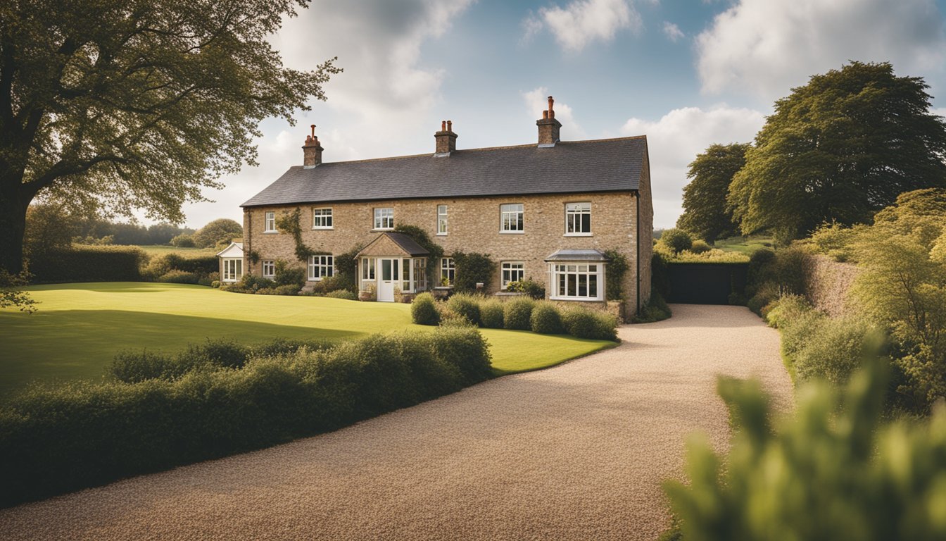 A rural UK home with a smart security system, surrounded by open fields and a gravel driveway