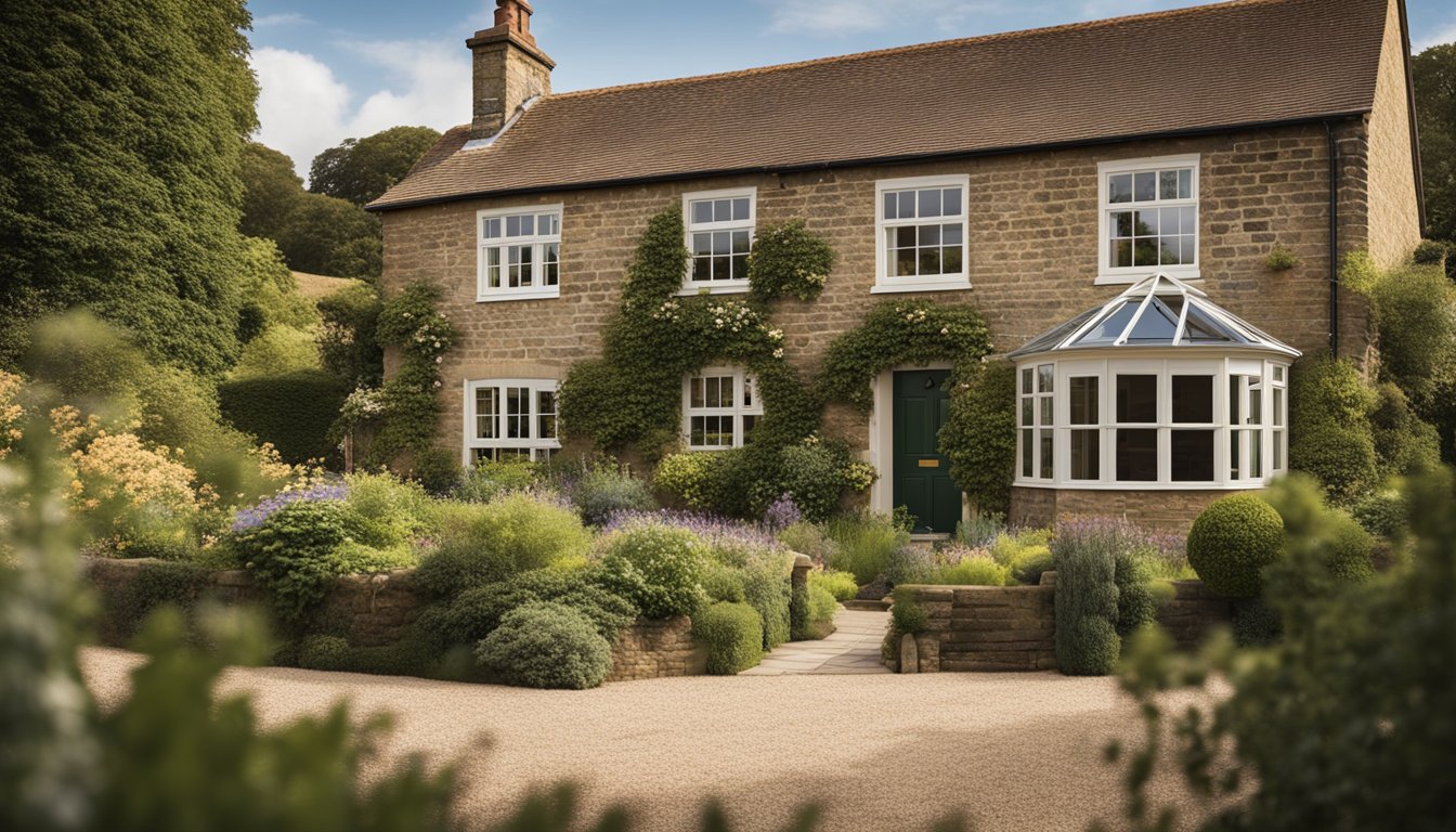 A rural UK home with advanced security technology, including smart cameras, motion sensors, and biometric locks, integrated into the traditional architecture