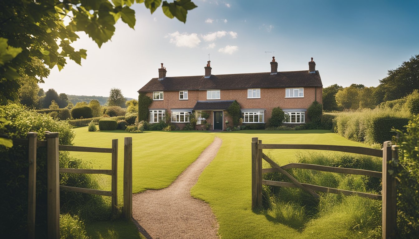 A cozy rural UK home with modern smart security features, surrounded by green fields and a clear blue sky