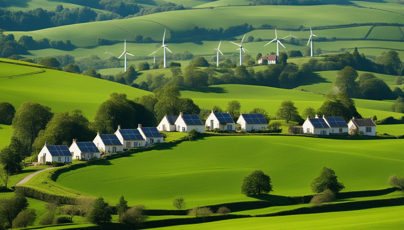 Rolling green hills dotted with cozy cottages, each equipped with solar panels and satellite dishes. A network of wind turbines stands tall in the distance, powering the sustainable internet gadgets for UK rural homes