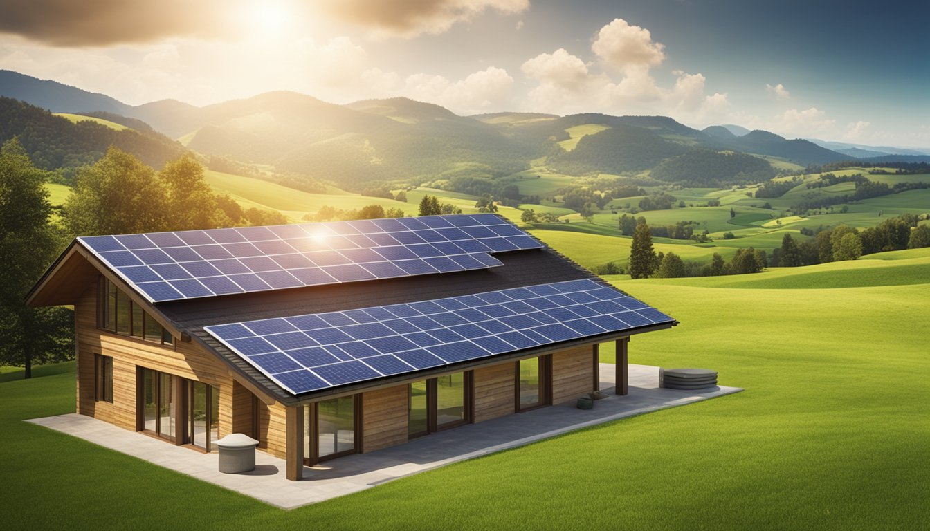 A quaint countryside home with solar panels on the roof, surrounded by lush green fields and rolling hills under a bright sunny sky