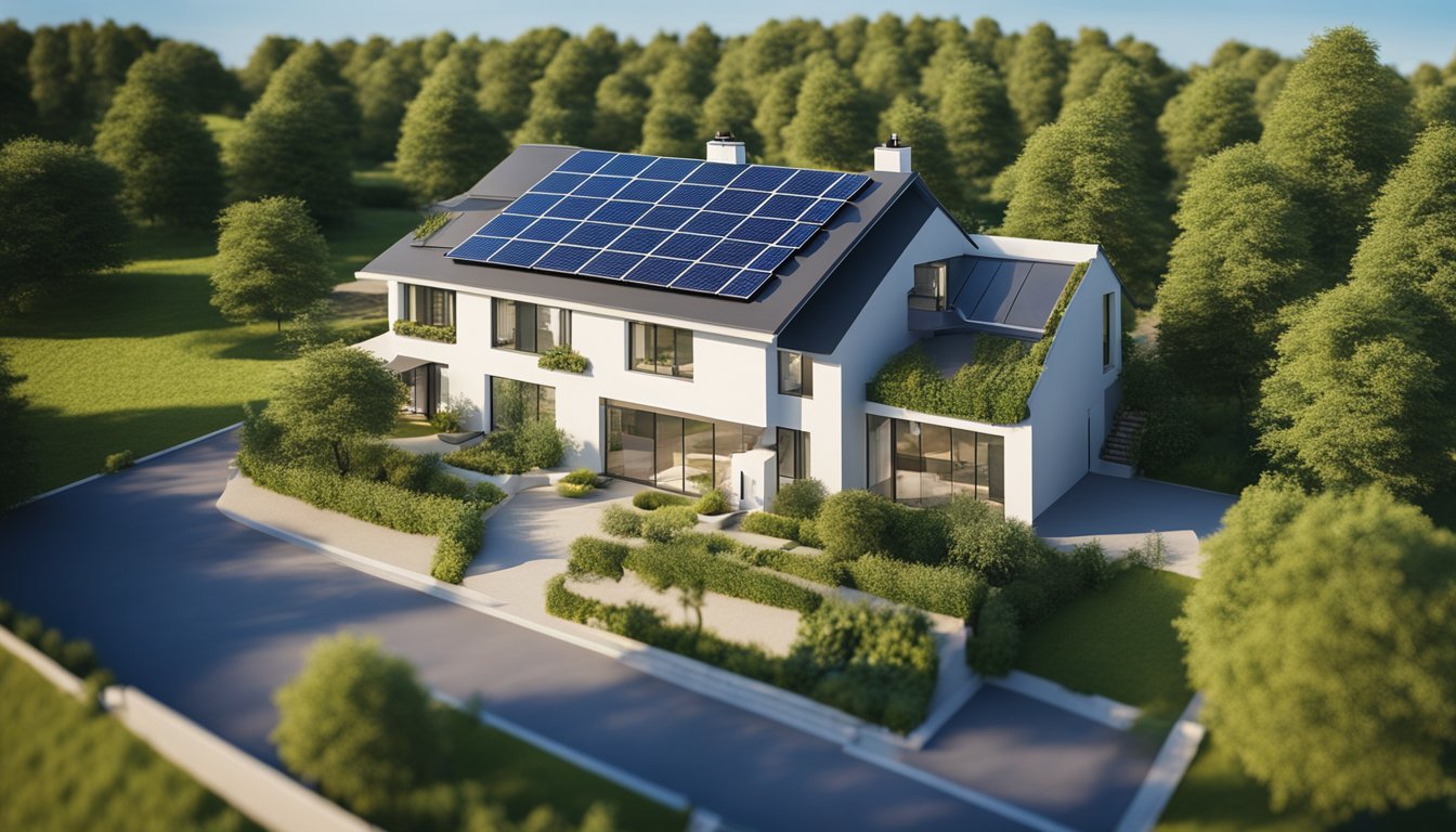 A picturesque countryside home with solar panels on the roof, surrounded by lush greenery and a clear blue sky