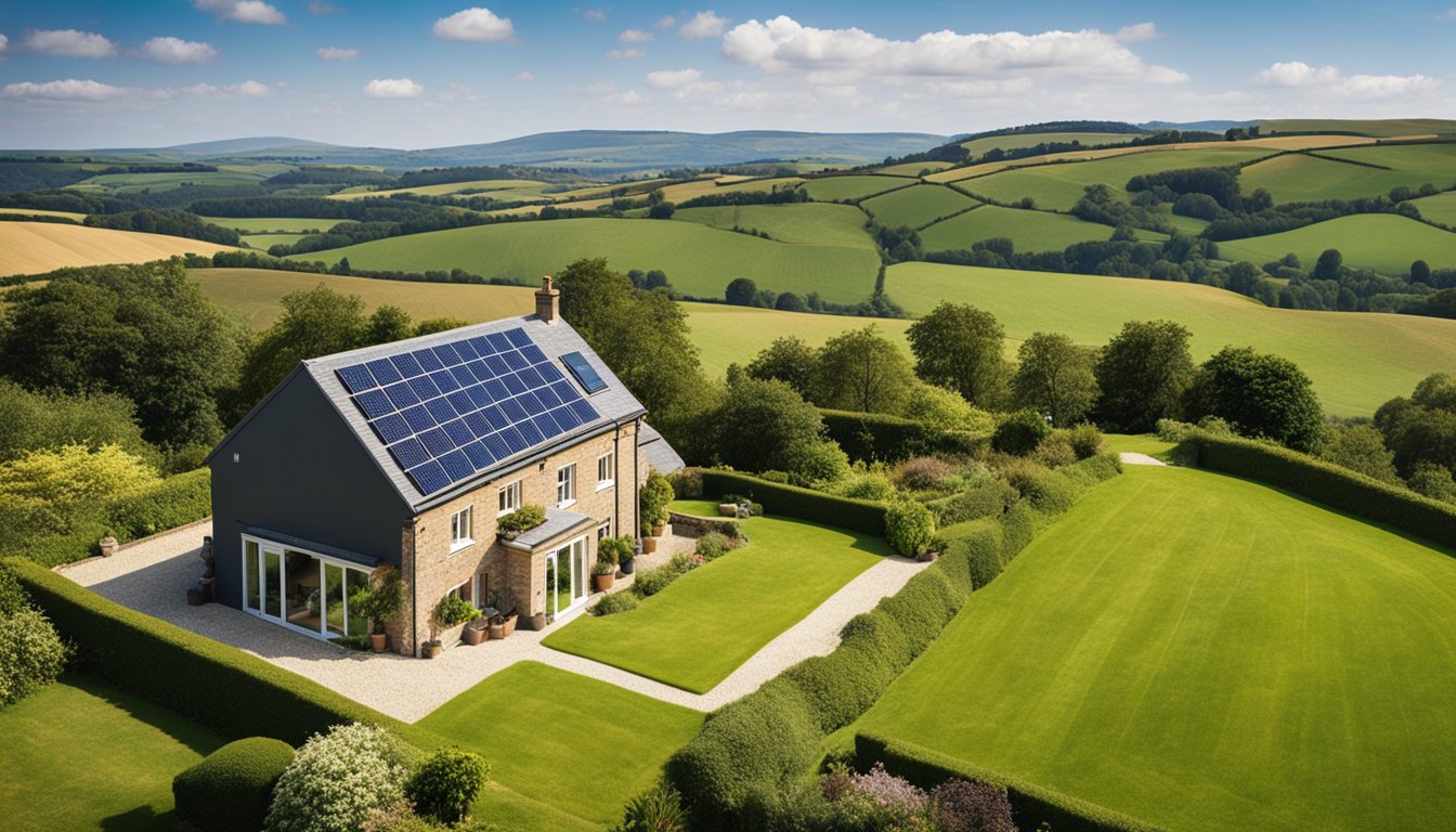 A rural UK home with solar panels on the roof, surrounded by green fields and rolling hills, under a bright sunny sky