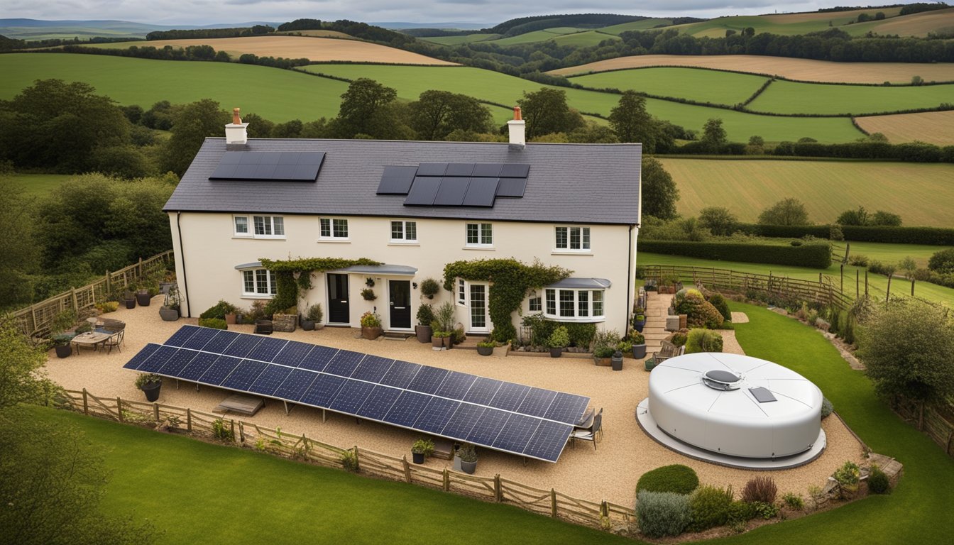 A rural UK home with solar panels, a satellite dish, and a wind turbine, all connected to a central internet hub