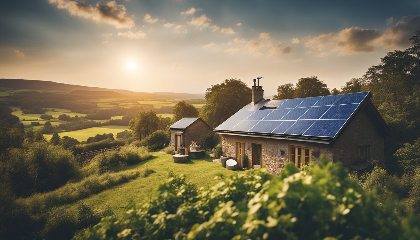 A cozy, off-grid UK home with solar panels and a satellite dish, surrounded by lush greenery and connected to innovative internet solutions