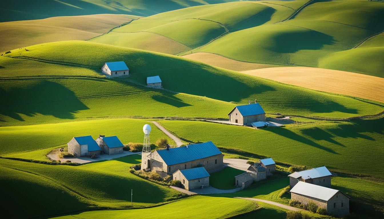 A picturesque rural landscape with rolling hills, scattered farmhouses, and modern IoT infrastructure such as satellite dishes and wireless antennas