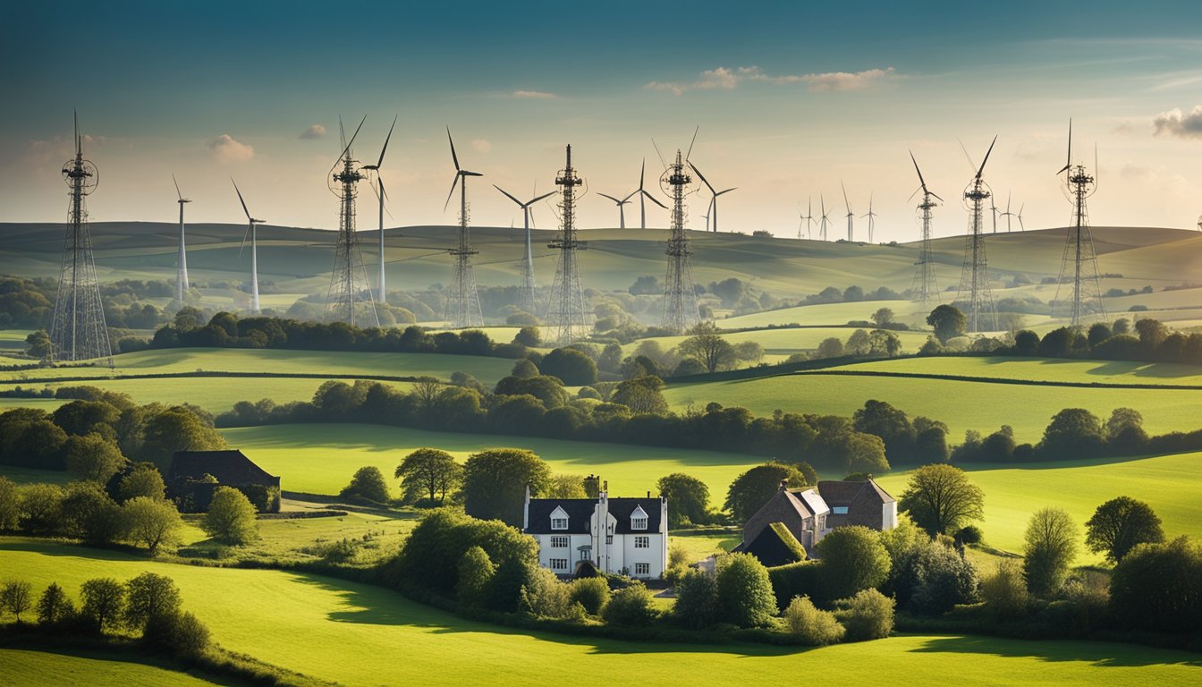 A rural landscape with modern IoT devices connecting homes and businesses in the UK. Towers and antennas dot the countryside, linking the remote areas to the digital world