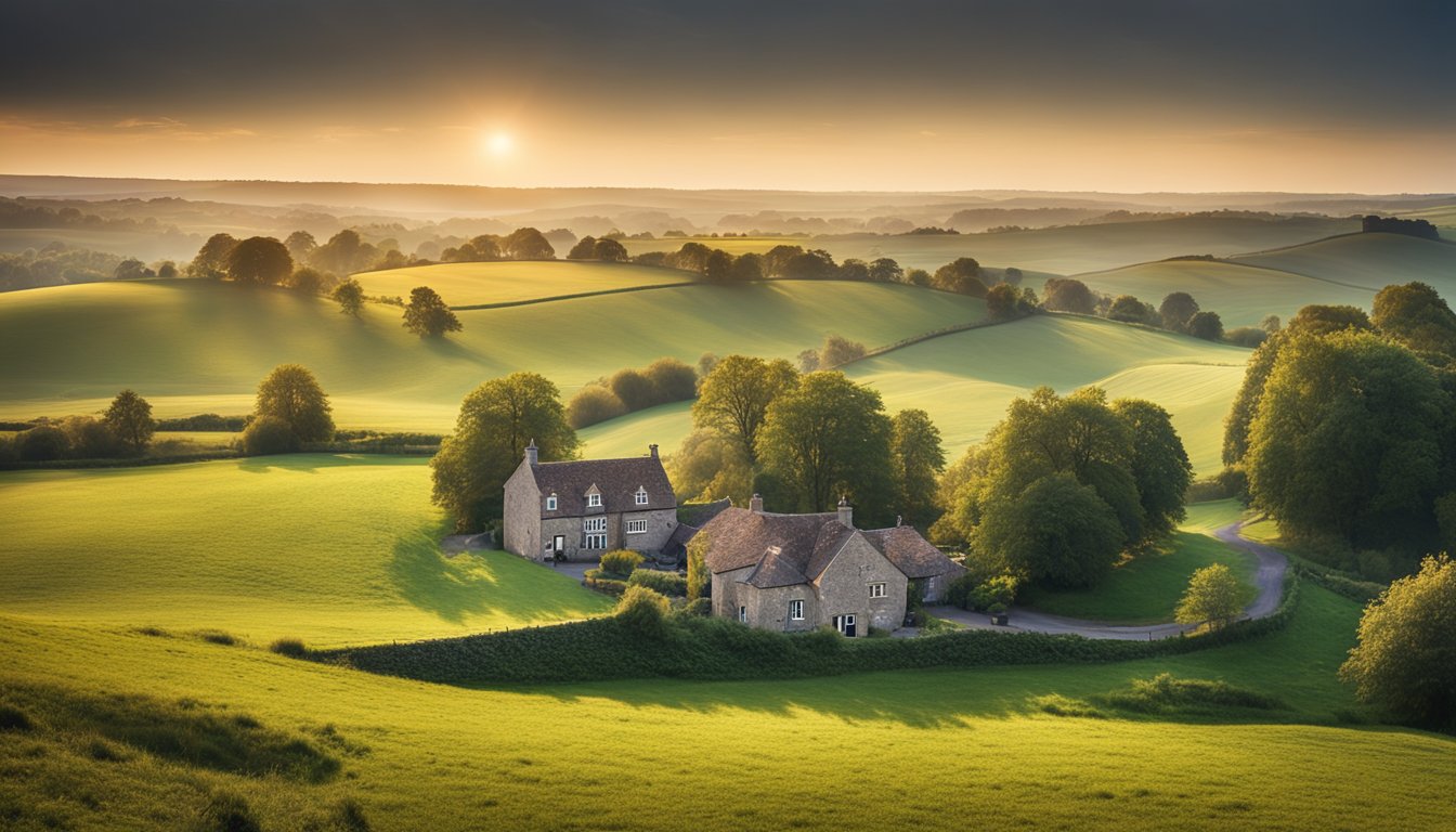 An idyllic rural landscape with modern digital infrastructure, including AI-powered connectivity in UK homes