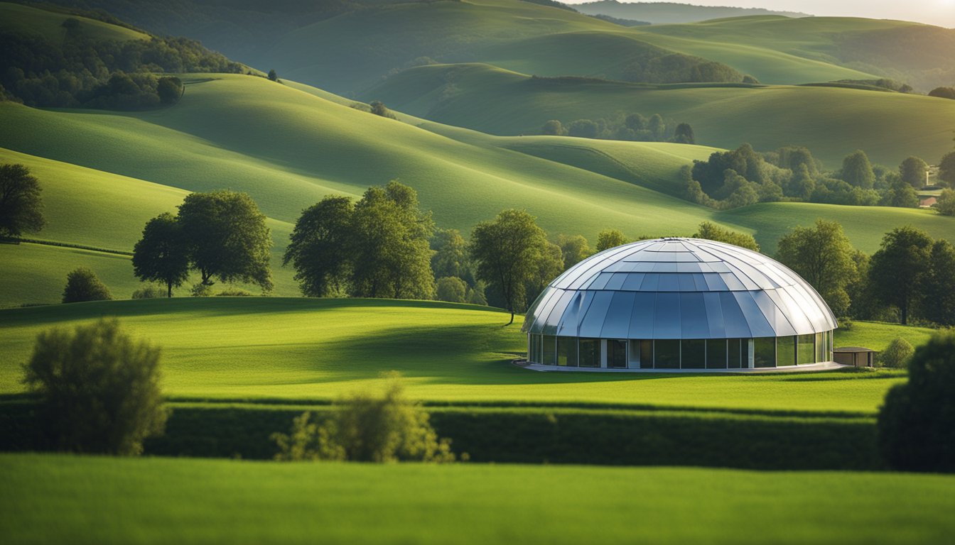 A cozy countryside home with a modern satellite dish on the roof, surrounded by rolling hills and green fields