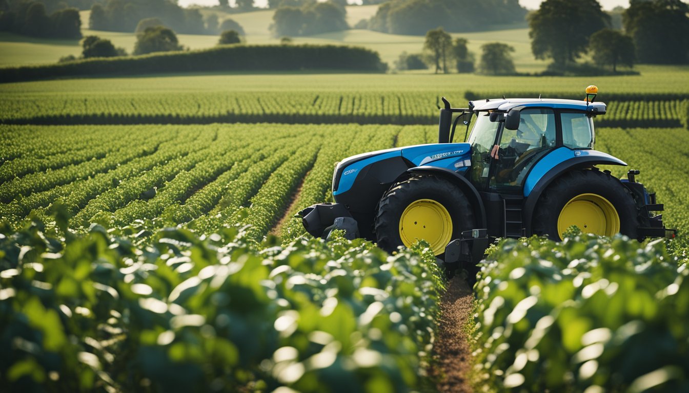 A futuristic farm in rural UK with AI-controlled machinery tending to crops and livestock