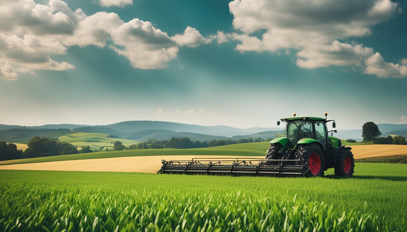 A picturesque rural landscape with rolling green fields and modern agricultural machinery working alongside AI-powered farming practices