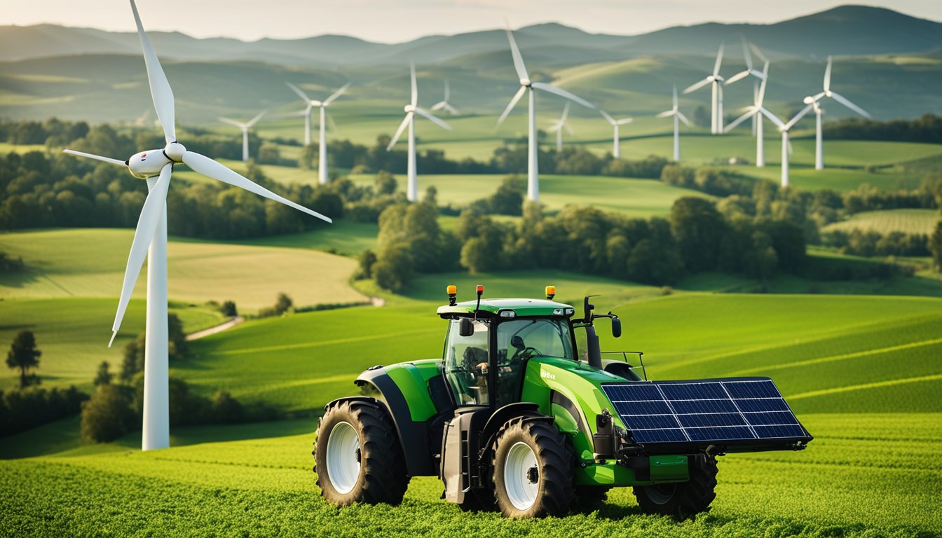 A lush, green countryside with modern AI-powered farming equipment working in harmony with nature. Wind turbines and solar panels dot the landscape, symbolizing sustainable energy practices