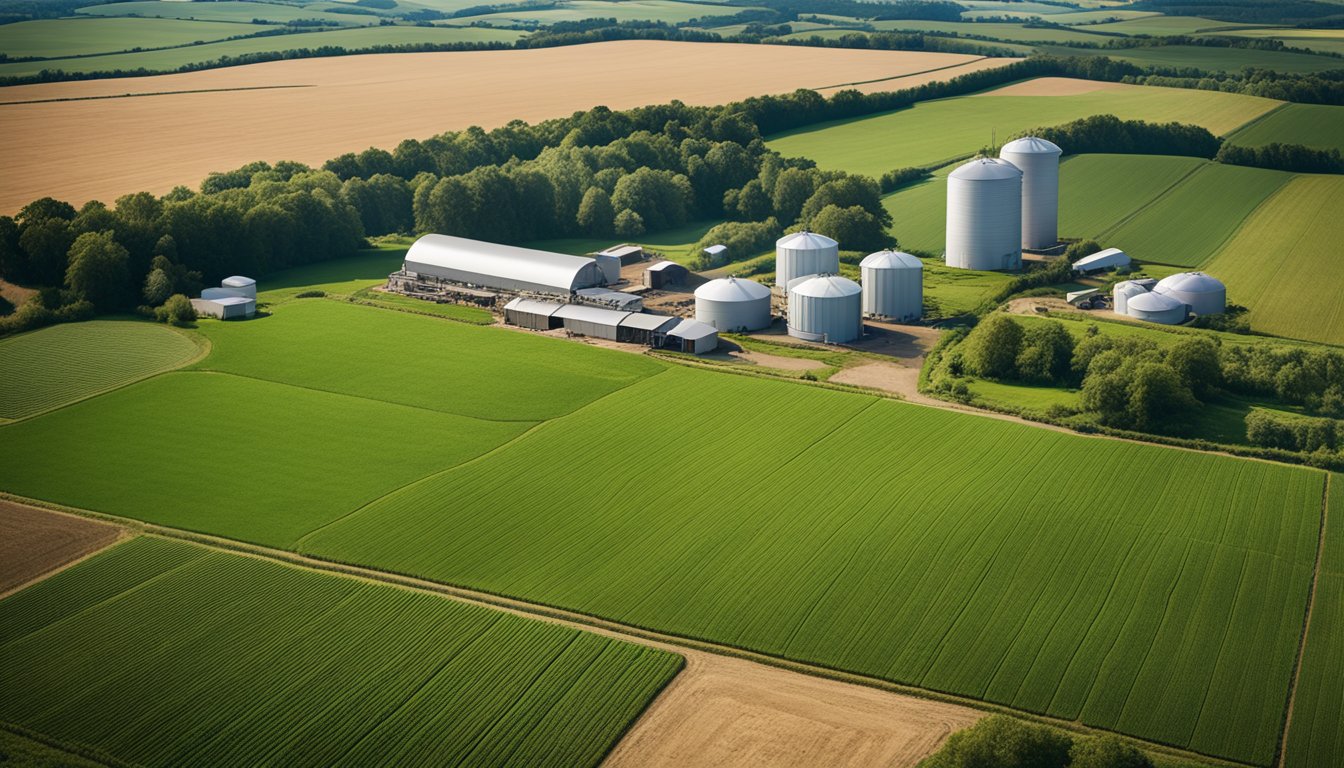 A rural UK farm with advanced AI technology monitoring and controlling various farming practices such as crop irrigation, livestock management, and soil analysis