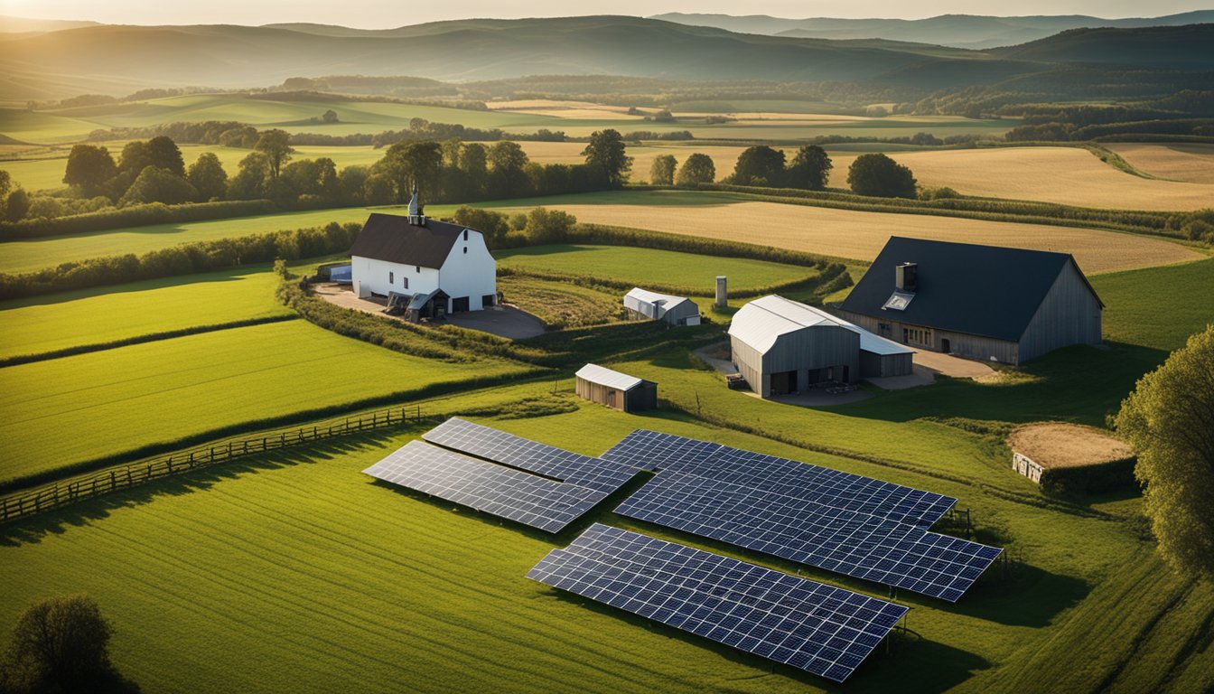 A farm with solar panels and wind turbines, surrounded by fields and livestock, with a farmhouse in the background