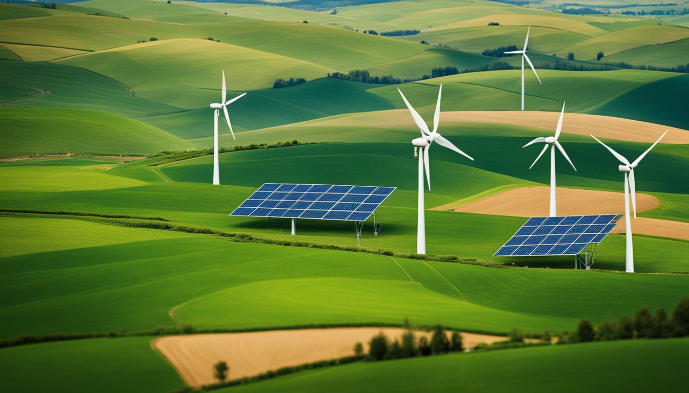 A sunny, rural landscape with wind turbines and solar panels scattered across a farm, surrounded by green fields and rolling hills