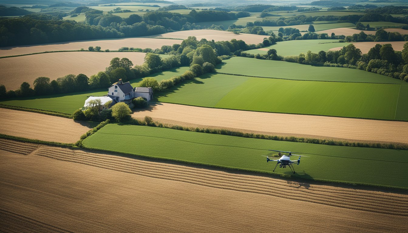 AI drones surveying and mapping fields, while smart tractors plow and plant with precision in a picturesque UK countryside