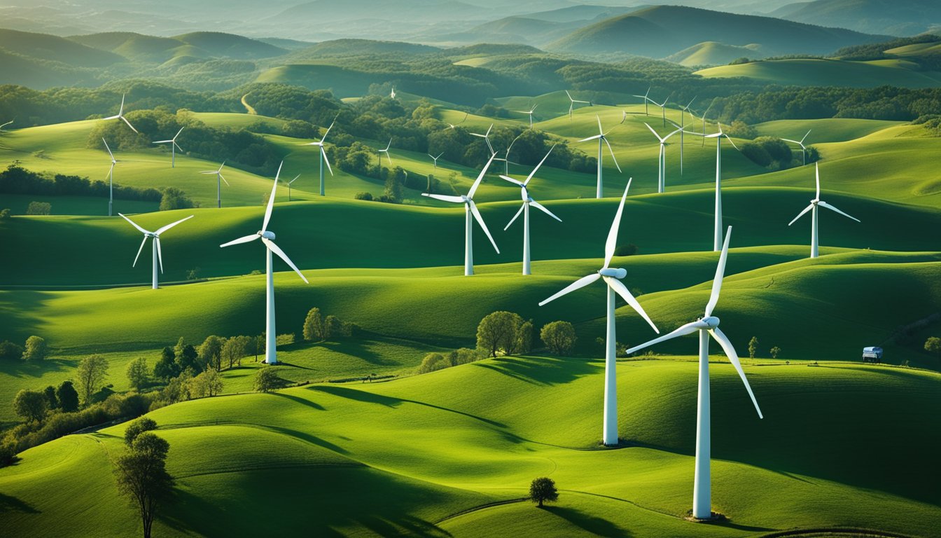 Lush green countryside with rolling hills, dotted with wind turbines and solar panels. AI-powered sensors monitor air and water quality, while drones survey the landscape