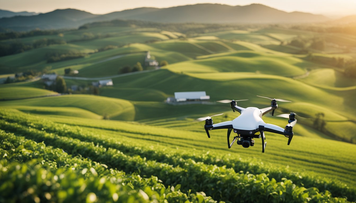 AI-powered drones surveying rolling green hills and farmland, while robotic machinery works in the distance