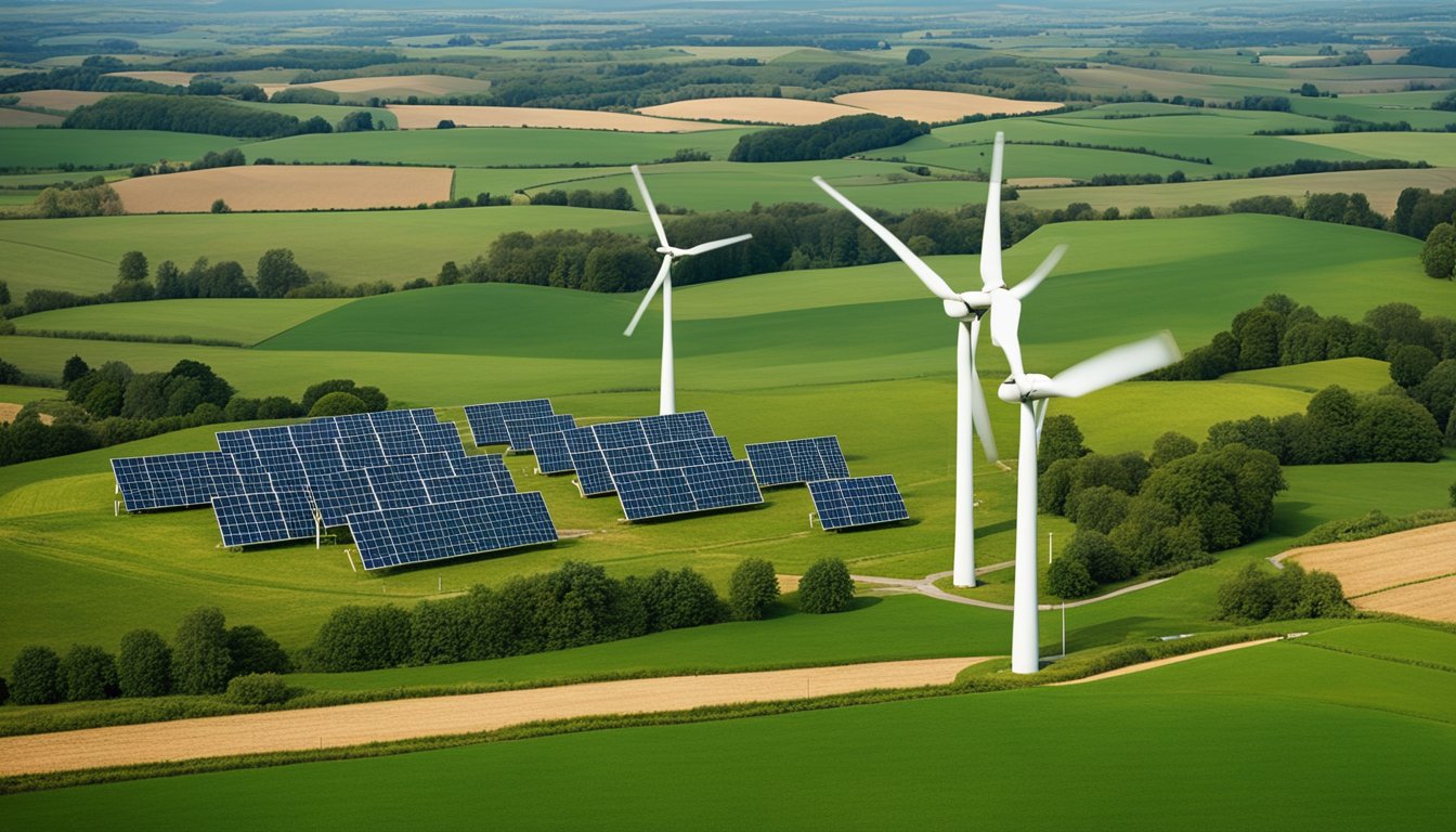 A rural landscape with wind turbines, solar panels, and green technology connecting homes in the UK countryside