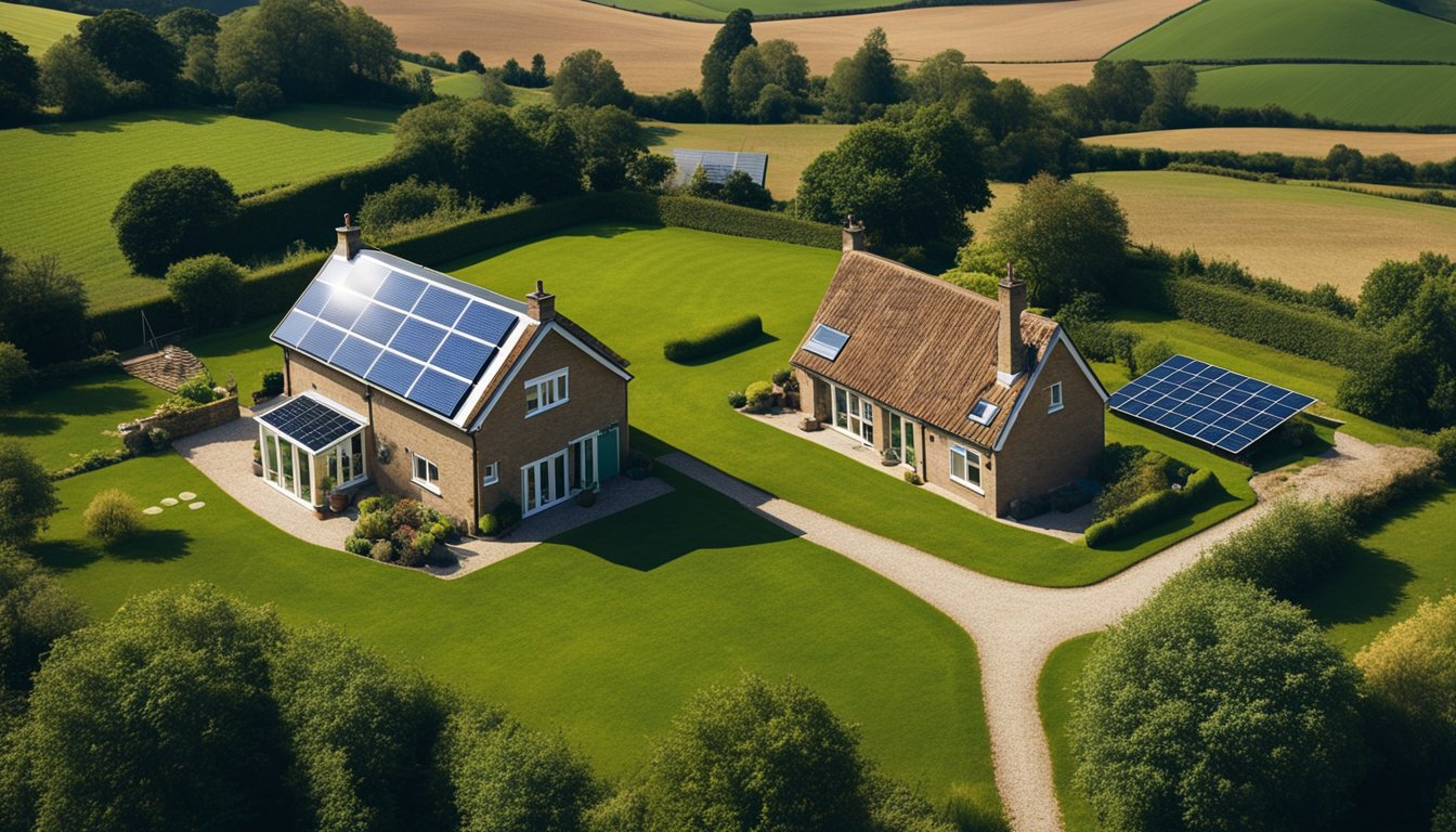 A rural UK home surrounded by eco-friendly technologies and infrastructure, including solar panels, wind turbines, and a high-speed internet connection