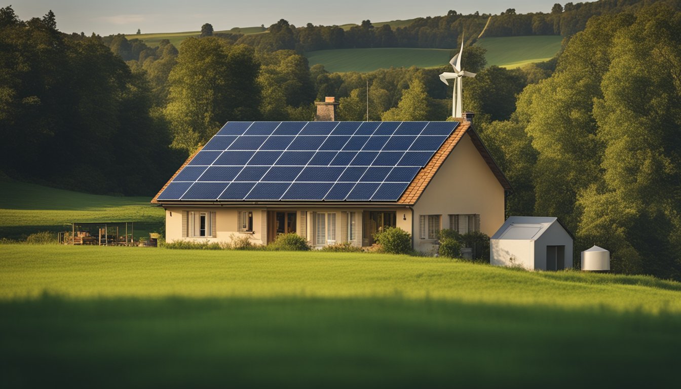 A cozy rural home surrounded by green fields, with solar panels on the roof, a wind turbine in the distance, and a satellite dish for internet connectivity