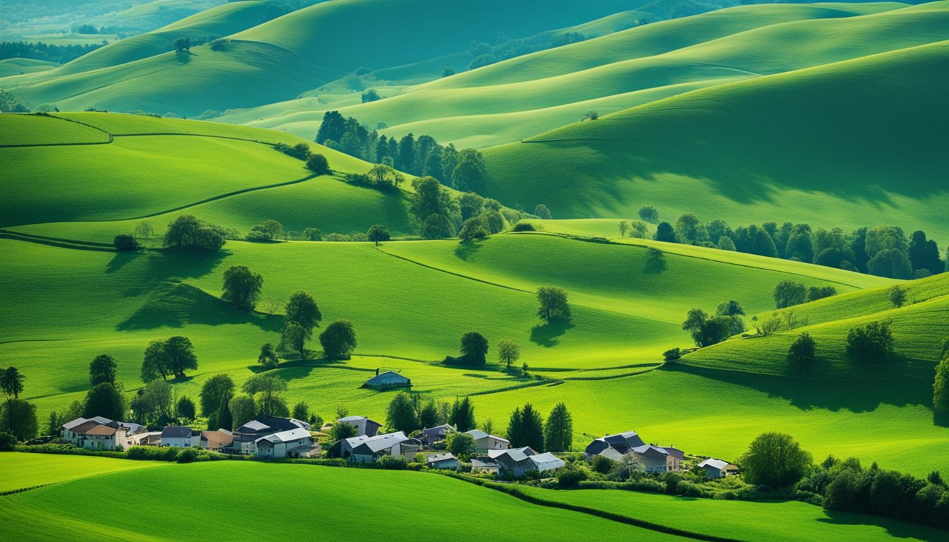 An idyllic rural landscape with rolling green hills, a small village, and modern technology infrastructure such as satellite dishes and cell towers