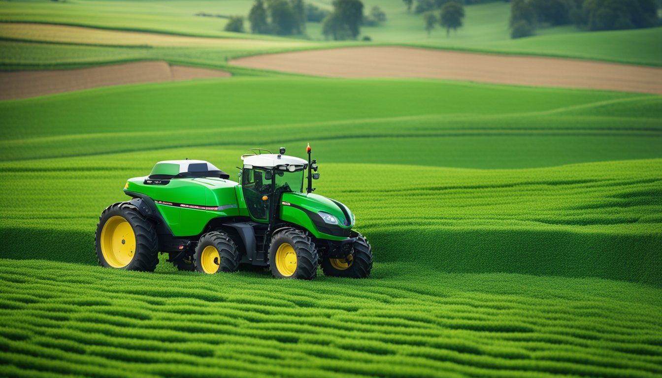 A lush green field with robotic tractors and drones working alongside traditional farming equipment, showcasing the integration of AI technology in agriculture