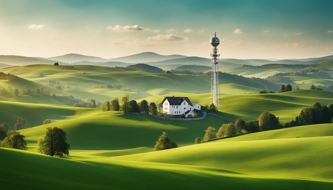 An idyllic countryside landscape with rolling hills, green fields, and scattered farmhouses, with a modern AI-powered communication tower in the background