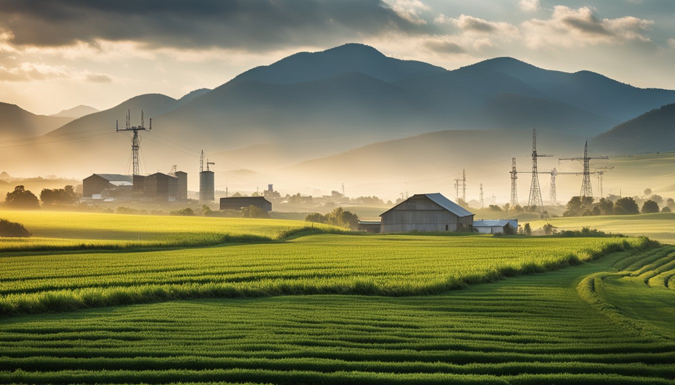 A rural landscape with a mix of traditional and modern infrastructure, including farms, villages, and digital communication towers