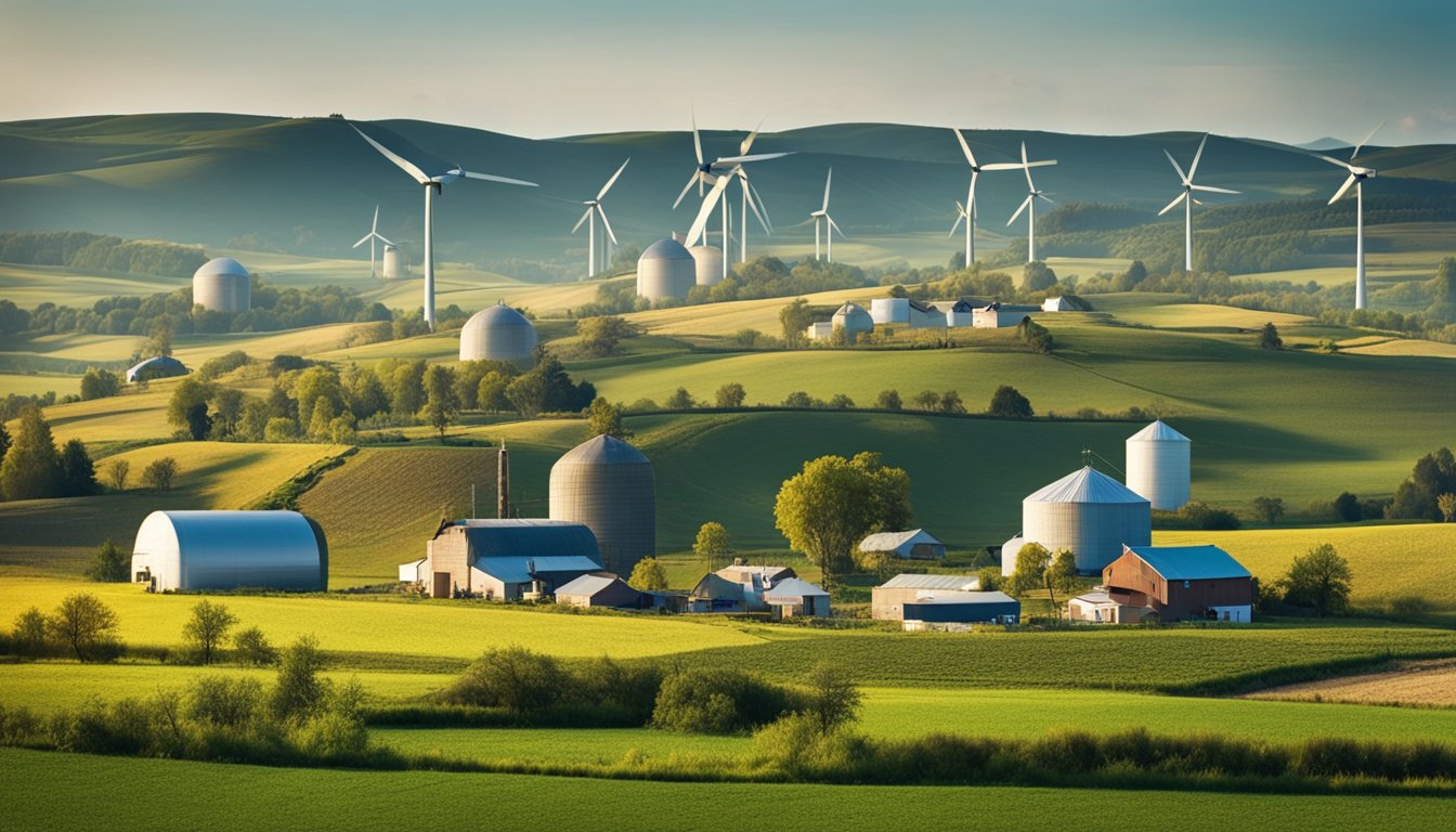 A rural landscape with a mix of traditional and modern infrastructure, including farms, wind turbines, and satellite dishes, symbolizing the integration of digital skills for sustainable economic development