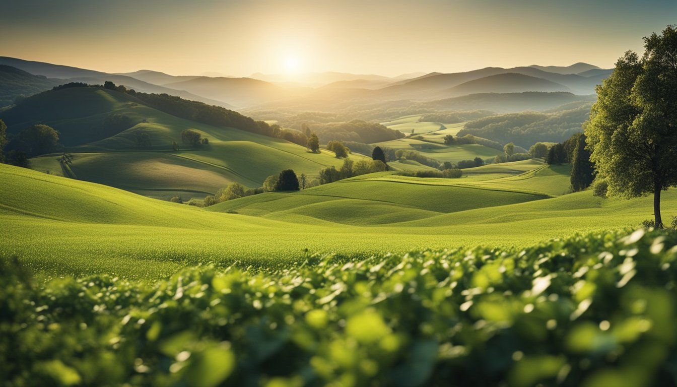 A rural landscape with a digital interface integrated into the natural environment, showcasing the connection between technology and the countryside