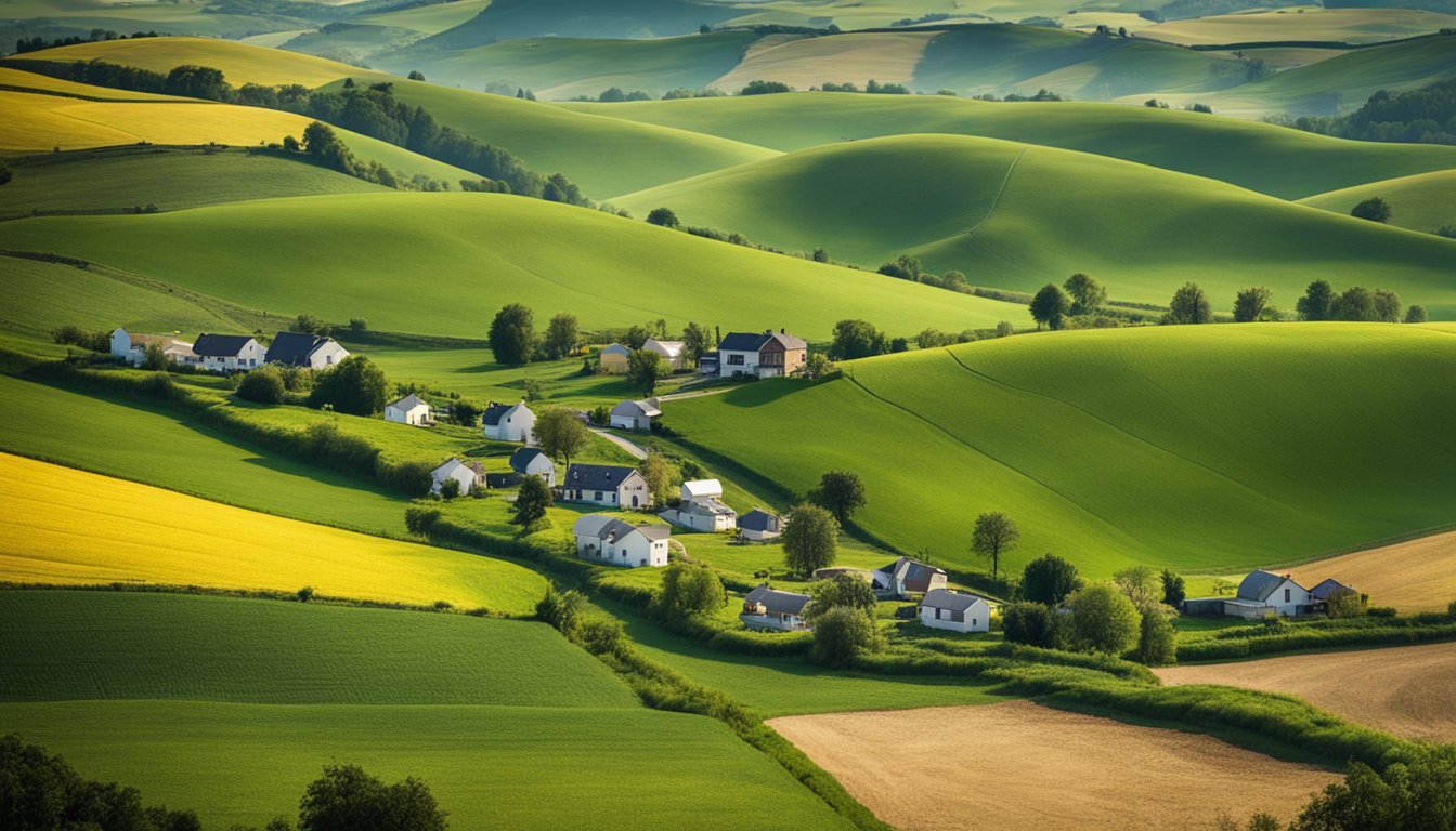 A rural landscape with rolling hills and scattered farmhouses, surrounded by patchwork fields and winding country roads. A mix of traditional and modern infrastructure can be seen, including telephone poles and satellite dishes