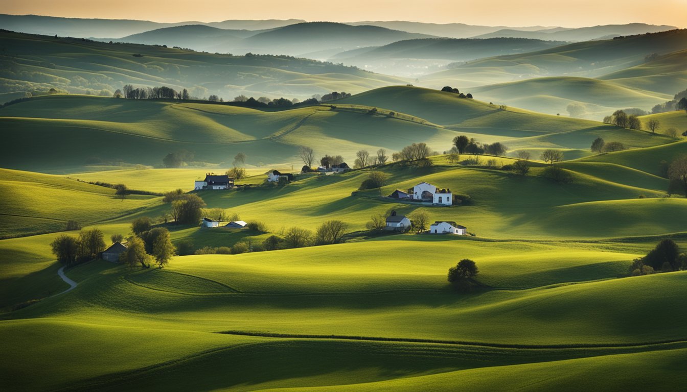 A rural landscape with rolling hills, scattered farmhouses, and a mix of traditional and modern infrastructure