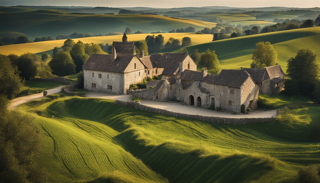 A rural landscape with a mix of traditional and modern elements, including old stone buildings and digital infrastructure being installed