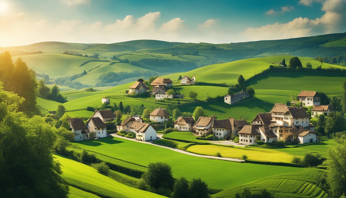 A quaint rural village with traditional buildings surrounded by rolling green hills, while modern technology such as high-speed internet towers and digital infrastructure are integrated seamlessly into the landscape