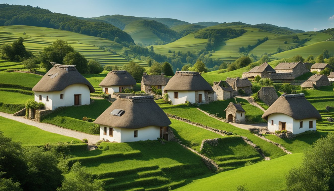 A quaint countryside village with old stone buildings and thatched roofs, surrounded by rolling green hills and dotted with modern satellite dishes and solar panels