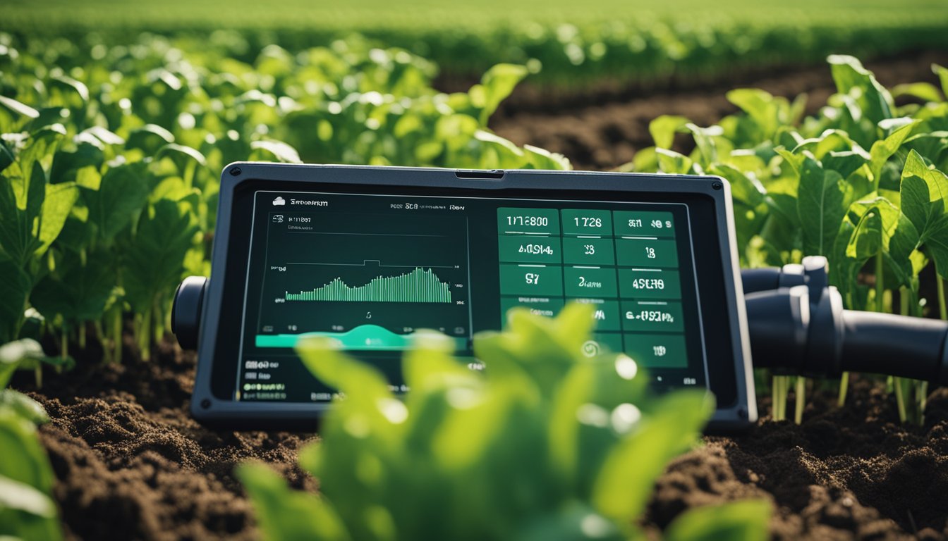 A digital farming tool being used in a lush UK field, with advanced technology and sensors integrated into the agricultural process