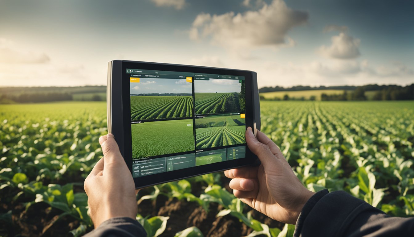 A farmer using digital tools to monitor crops and livestock in a modern UK farm