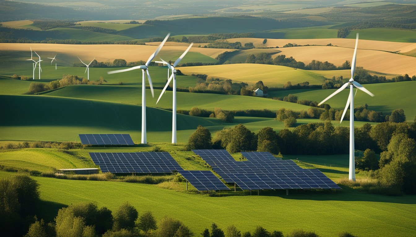 A rural landscape with wind turbines, solar panels, and smart energy infrastructure integrated into the countryside