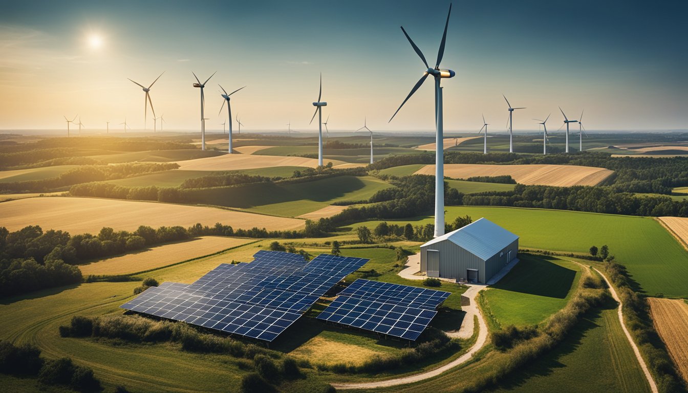 A rural landscape with modern energy solutions such as wind turbines, solar panels, and smart meters