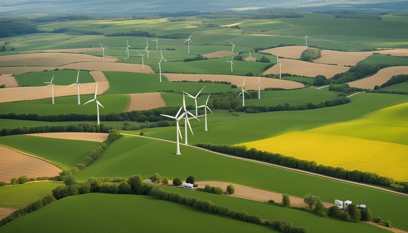 A rural landscape with renewable energy vehicles traversing country roads. Wind turbines and solar panels dot the countryside