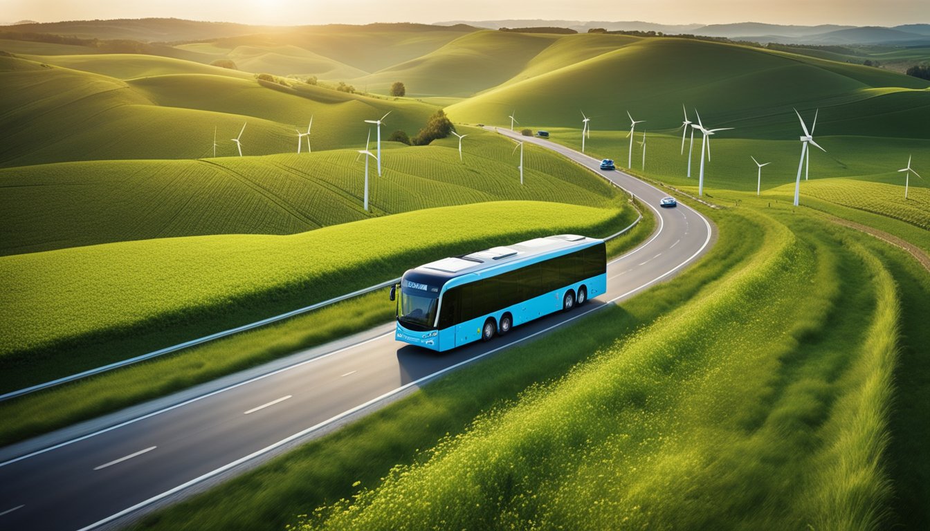 A rural landscape with a modern electric bus driving on a winding road, surrounded by green fields and renewable energy sources such as wind turbines and solar panels