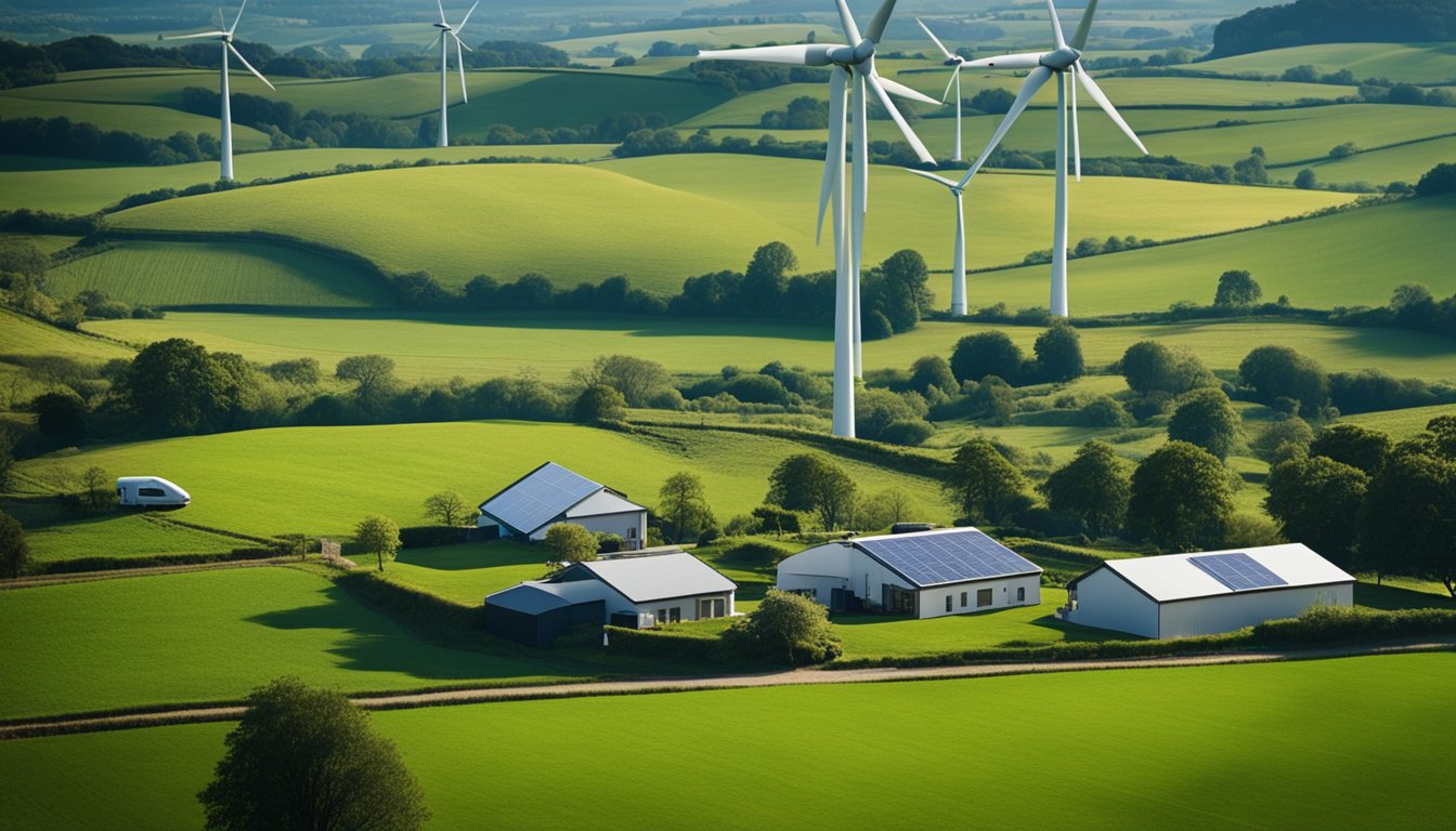 A rural UK landscape with renewable energy sources powering transportation, such as wind turbines, solar panels, and electric vehicles