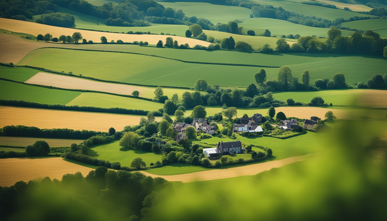 A rural landscape with AI-enabled devices connecting homes, farms, and businesses in the UK countryside