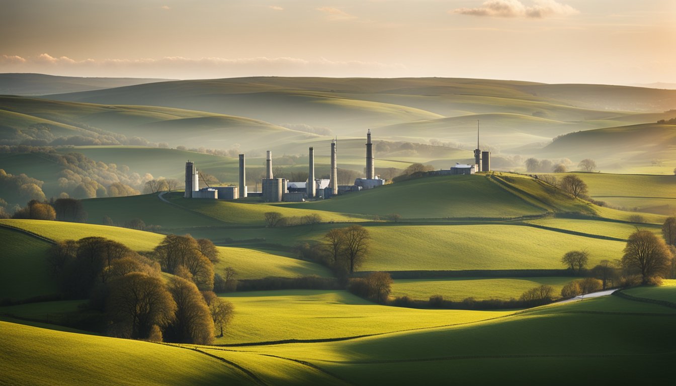 A rural UK landscape with AI-powered technology towers connecting remote areas